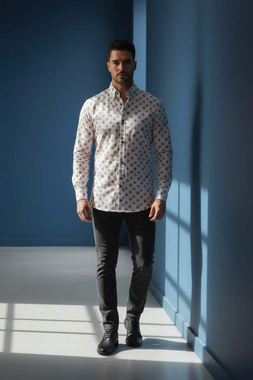 White Shirt With Red And Green Circles