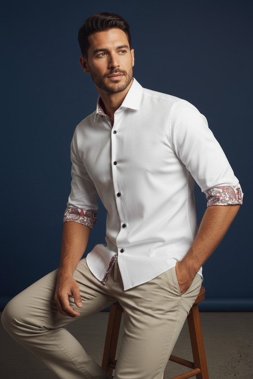 Vercini Modern Elegance White Textured Dress Shirt with Red Accents