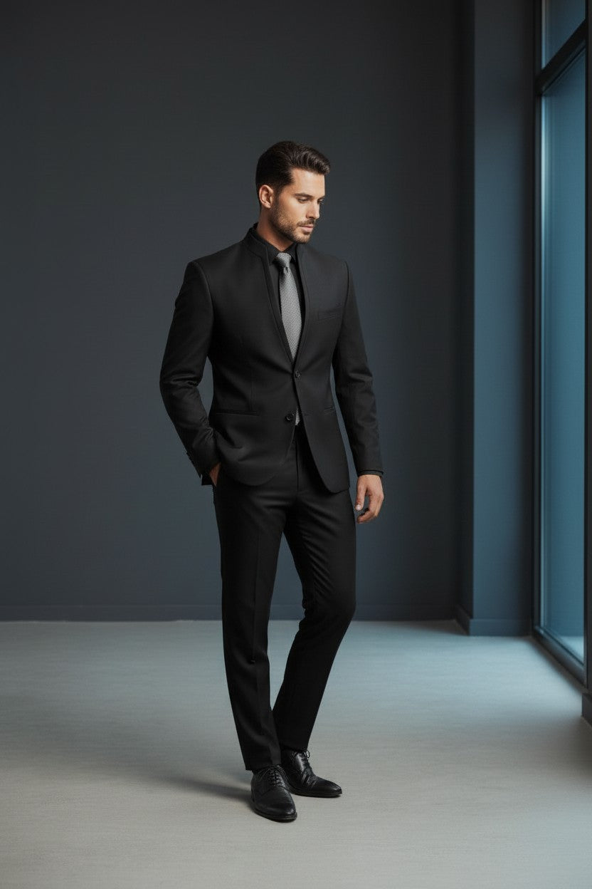 Black Mandarin Collar Tuxedo with Charcoal Paisley Vest & Ascot 2