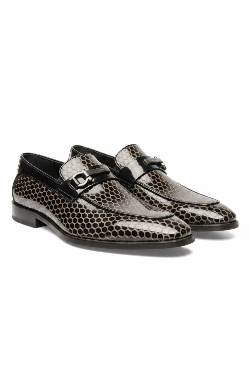 Vercini Grey & Black Honeycomb Patent Horsebit Loafer