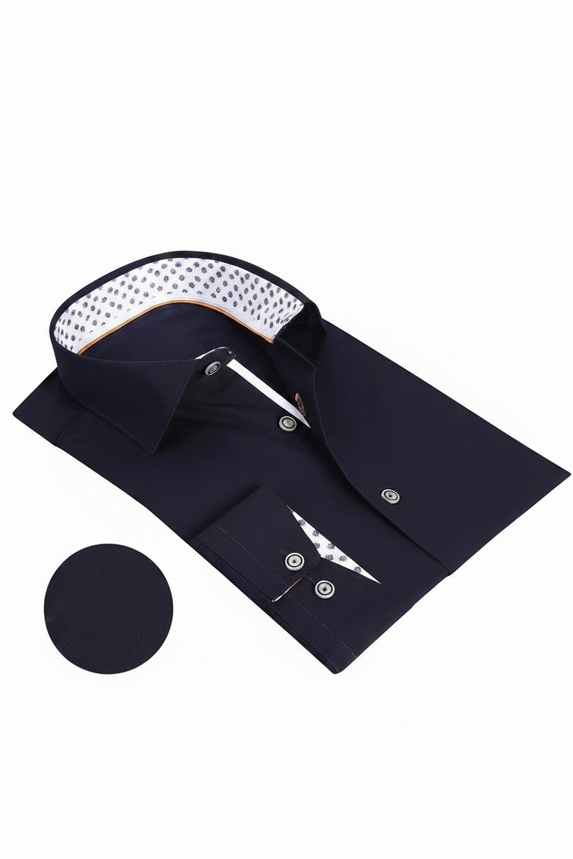 Vercini Navy Blue Premium Cotton Shirt with Patterned Contrast Trim
