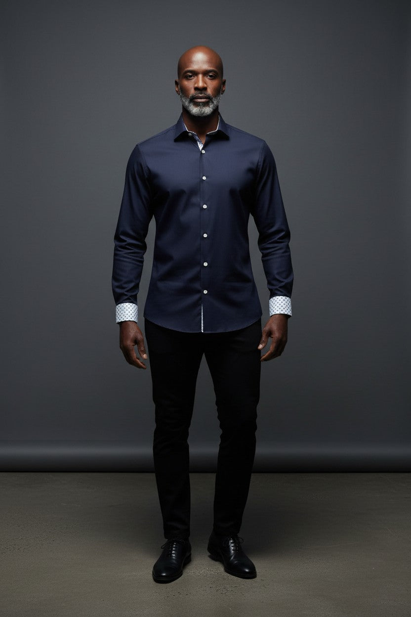 Vercini Navy Blue Premium Cotton Shirt with Patterned Contrast Trim