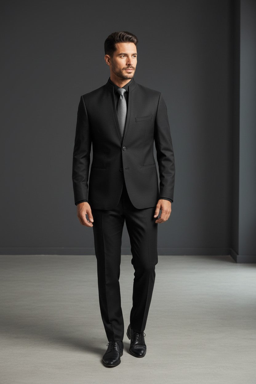 Black Mandarin Collar Tuxedo with Charcoal Paisley Vest & Ascot 2