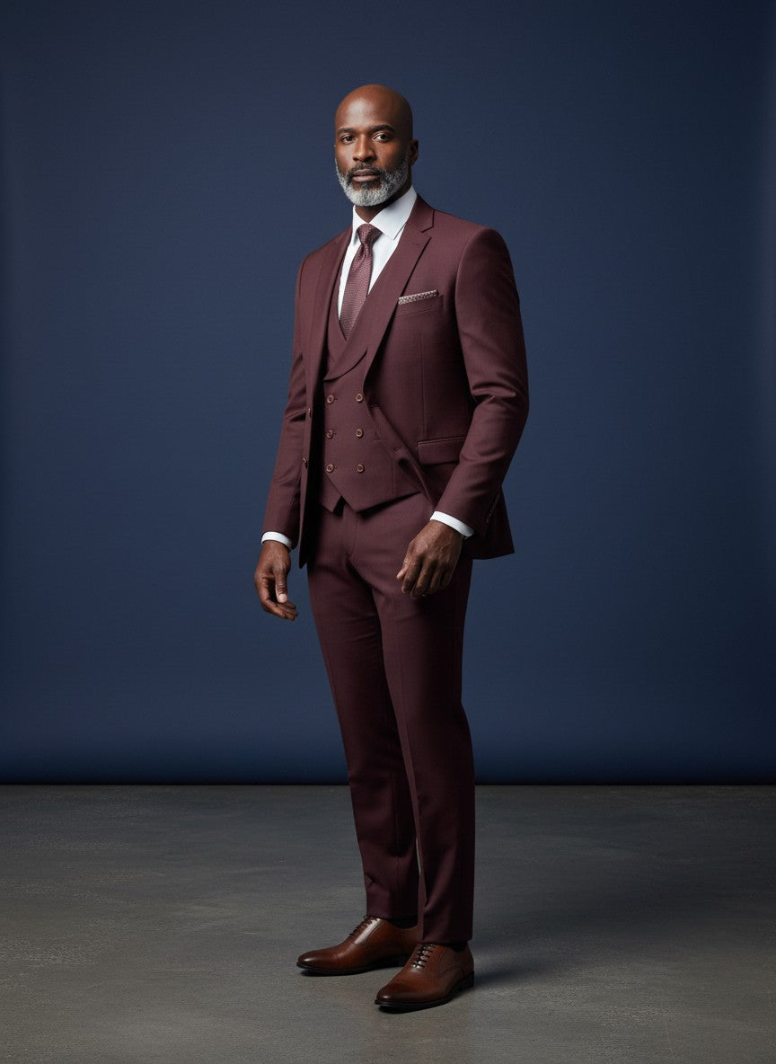 Men's 3 Piece Suit – Burgundy Classic Fit with Red Lining