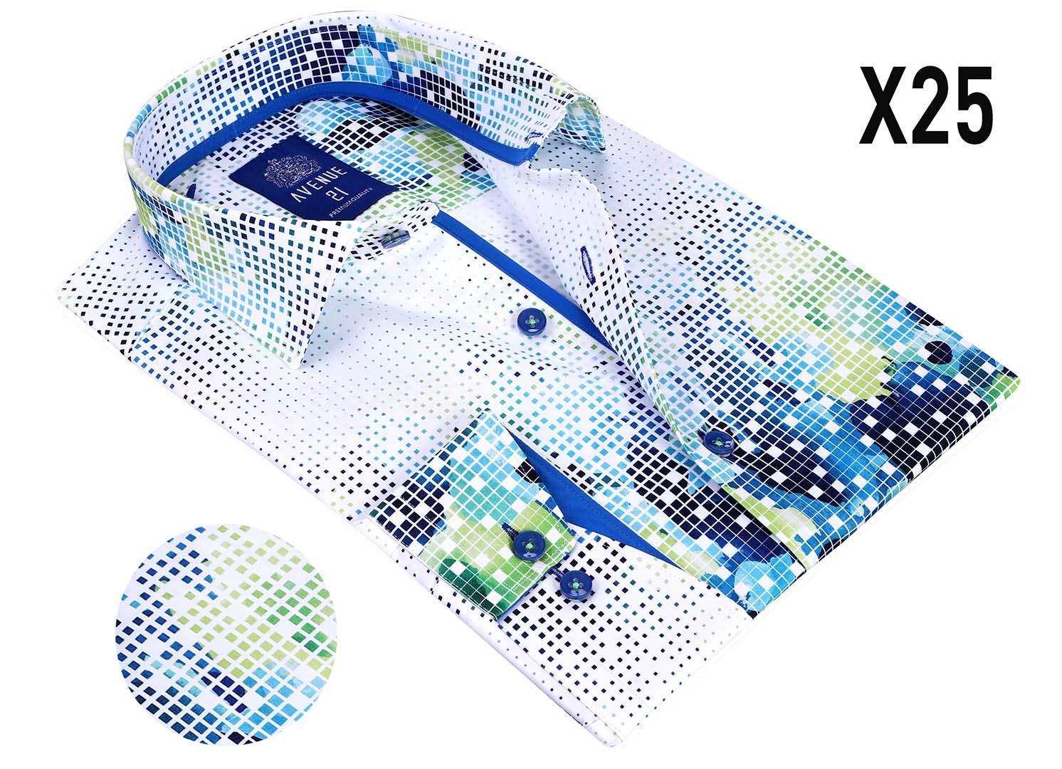 Vercini Mosaic Pixel Cotton Dress Shirt - Blue & Green Geometric Pattern