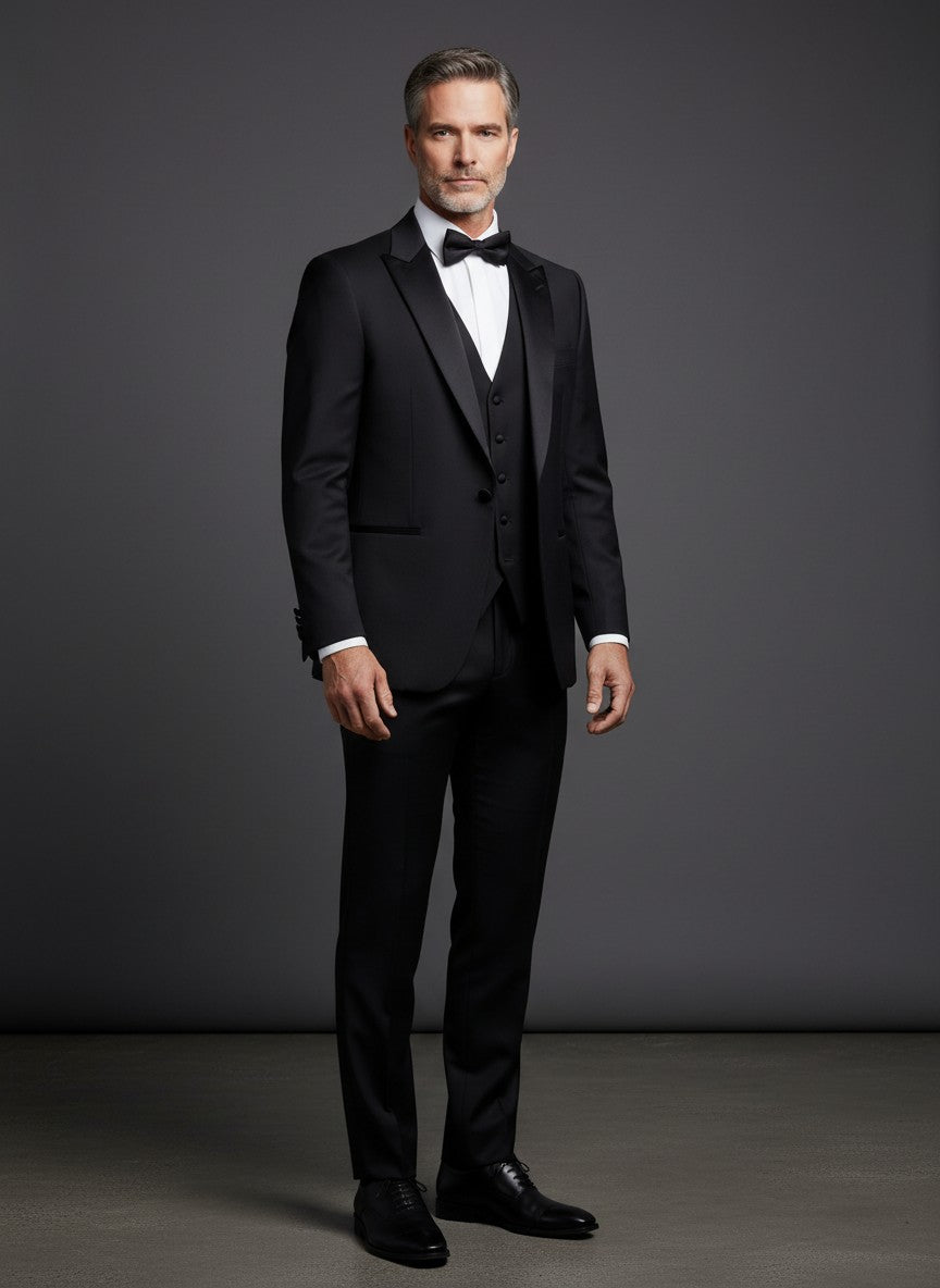 Black 4-Piece Tuxedo Set — Blazer, Vest, Pants & Bow Tie