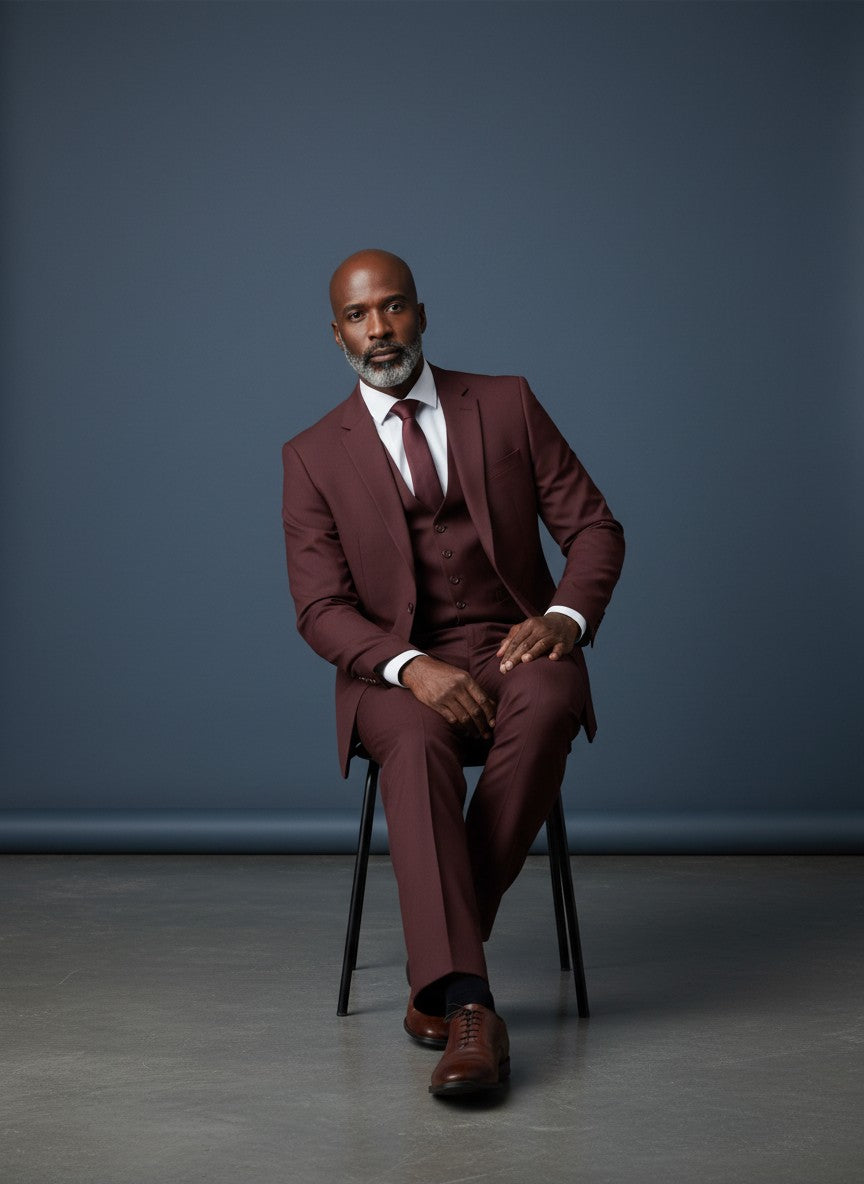 Men's 3 Piece Suit – Burgundy Classic Fit with Red Lining