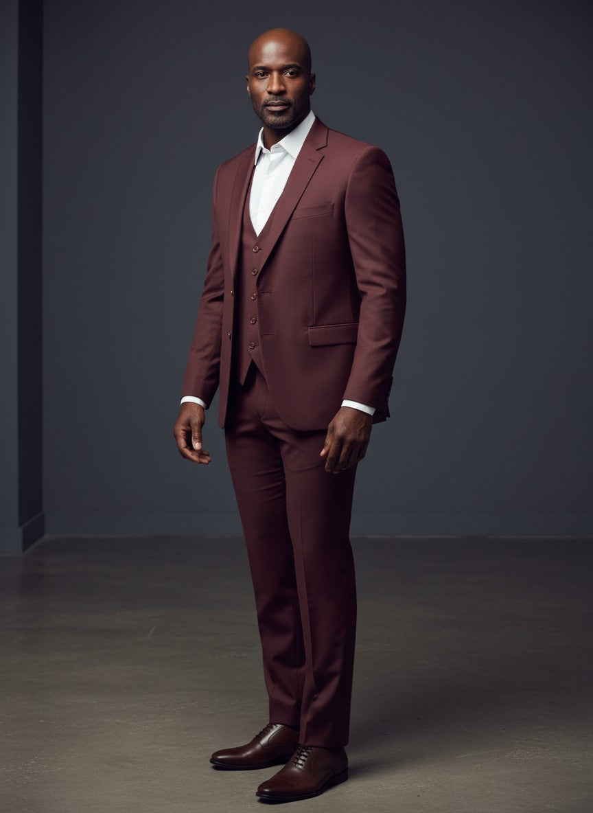 Men's 3 Piece Suit – Burgundy Classic Fit with Red Lining