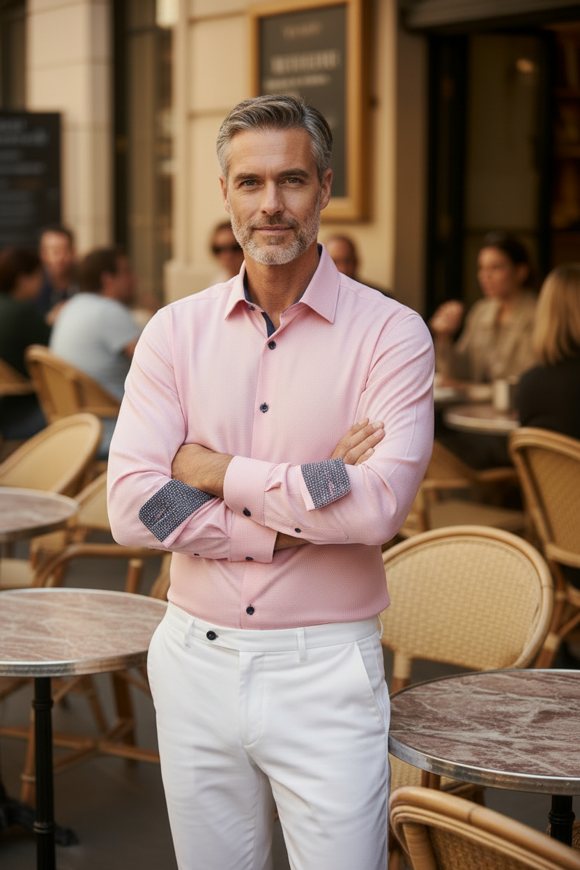 Pink Luxury Cotton Dress Shirt with Tweed Contrast Cuffs