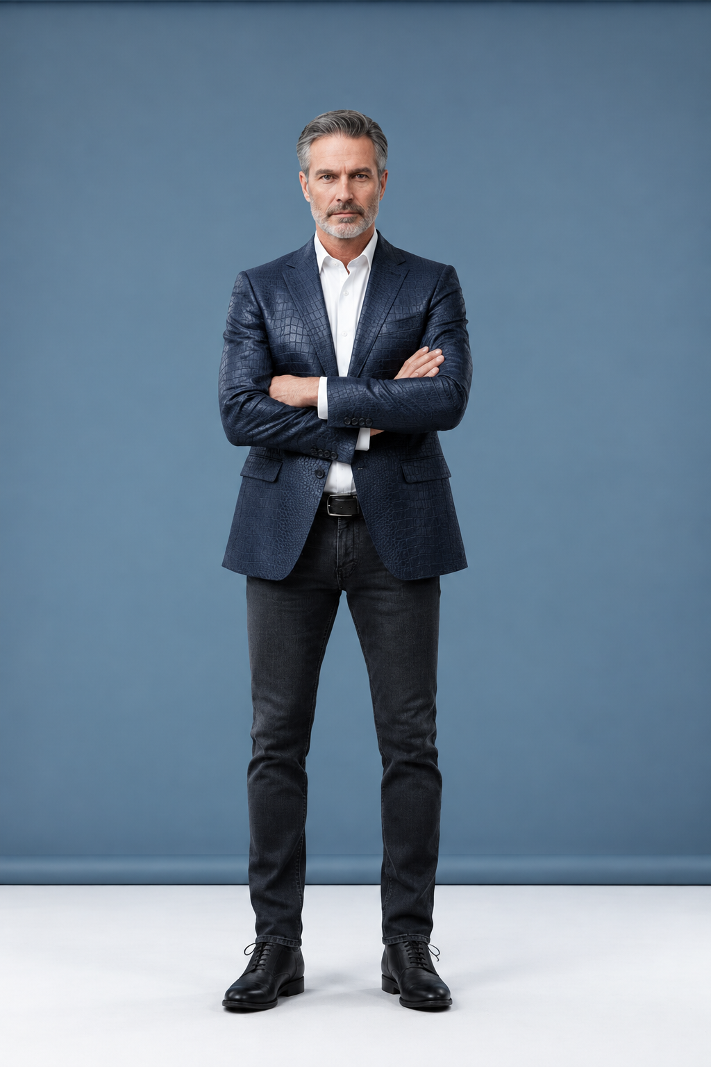 Arms-crossed jacket pose