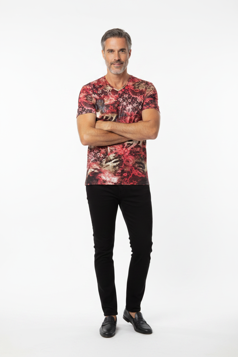 Crimson Lace Tiger Print V-Neck Tee