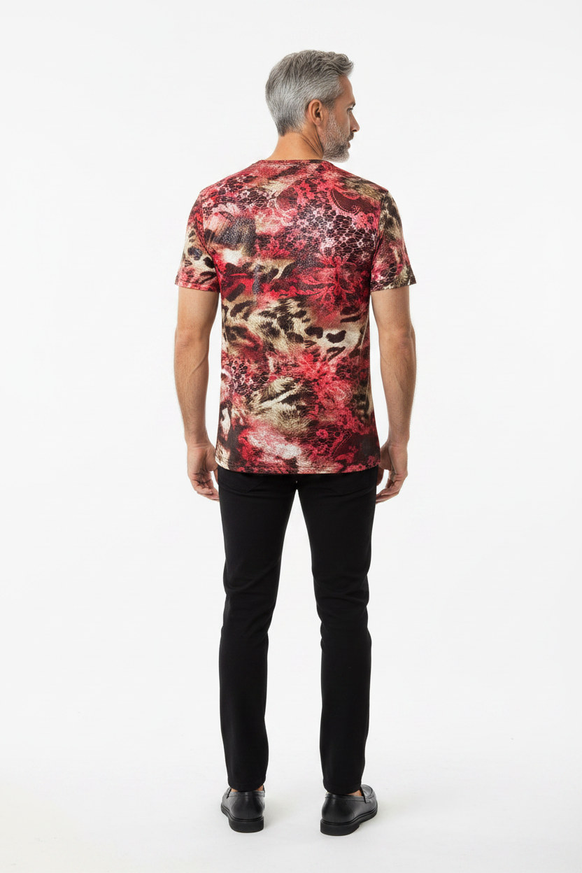 Crimson Lace Tiger Print V-Neck Tee