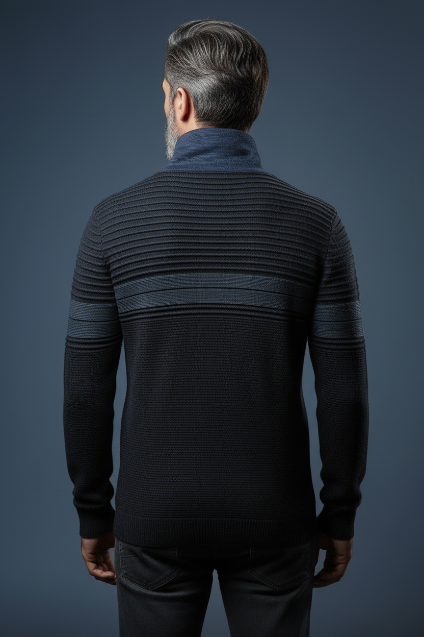 Back view dark toggle sweater