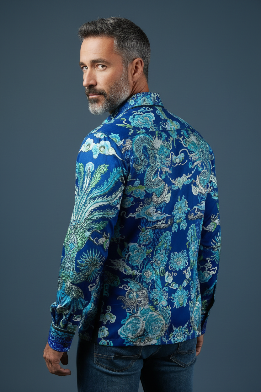 Back view showcasing dragon and phoenix embroidery