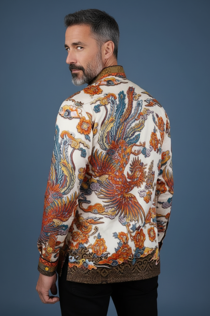 Back view showcasing phoenix and dragon embroidery
