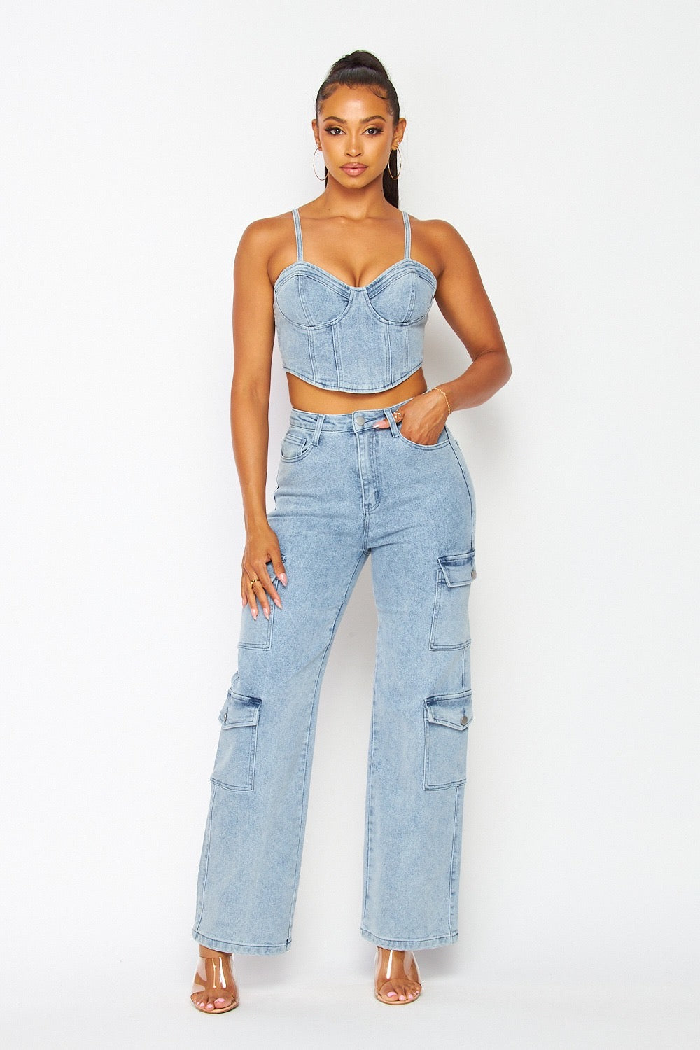 DENIM BUSTIER AND PANTS SET