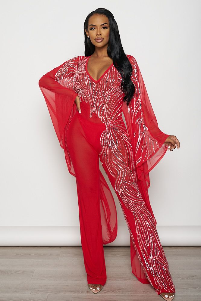Rhinestone Wide Batwing Long Sleeve Jumpsuit