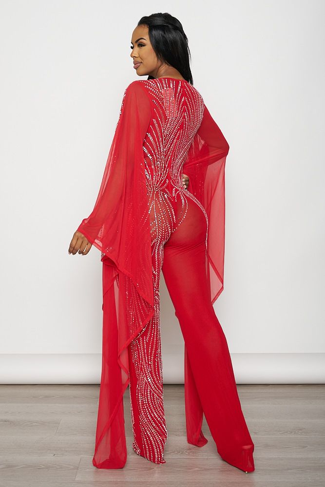 Rhinestone Wide Batwing Long Sleeve Jumpsuit