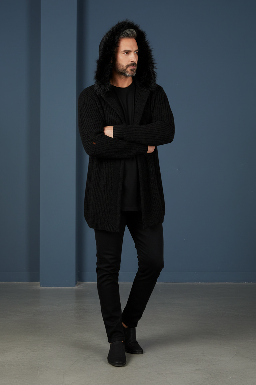 Black Fur Hood Cardigan - Arms Crossed