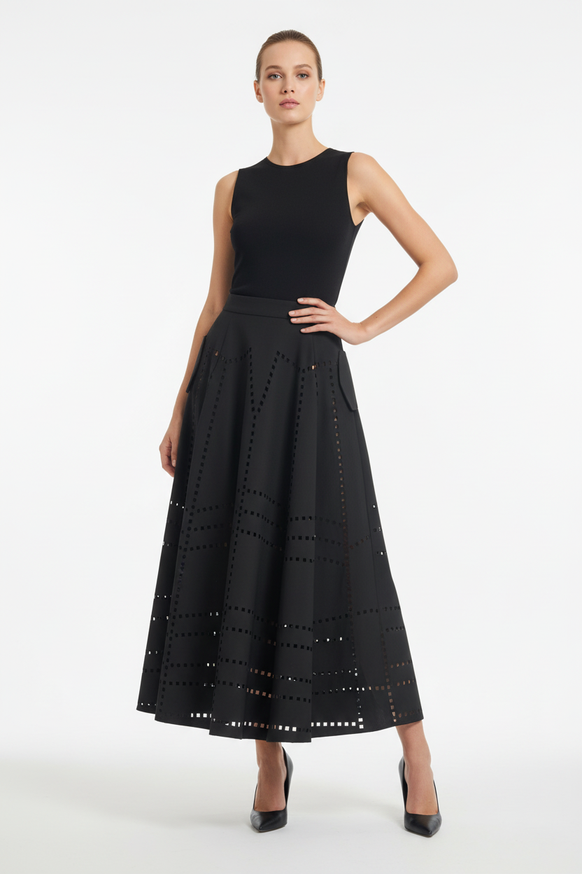 Black Laser-Cut Maxi Skirt on Model