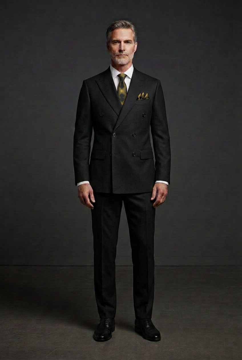 Black suit with black-and-gold tie and matching pocket square