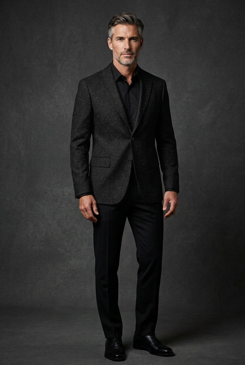 Black textured blazer on Vercini model