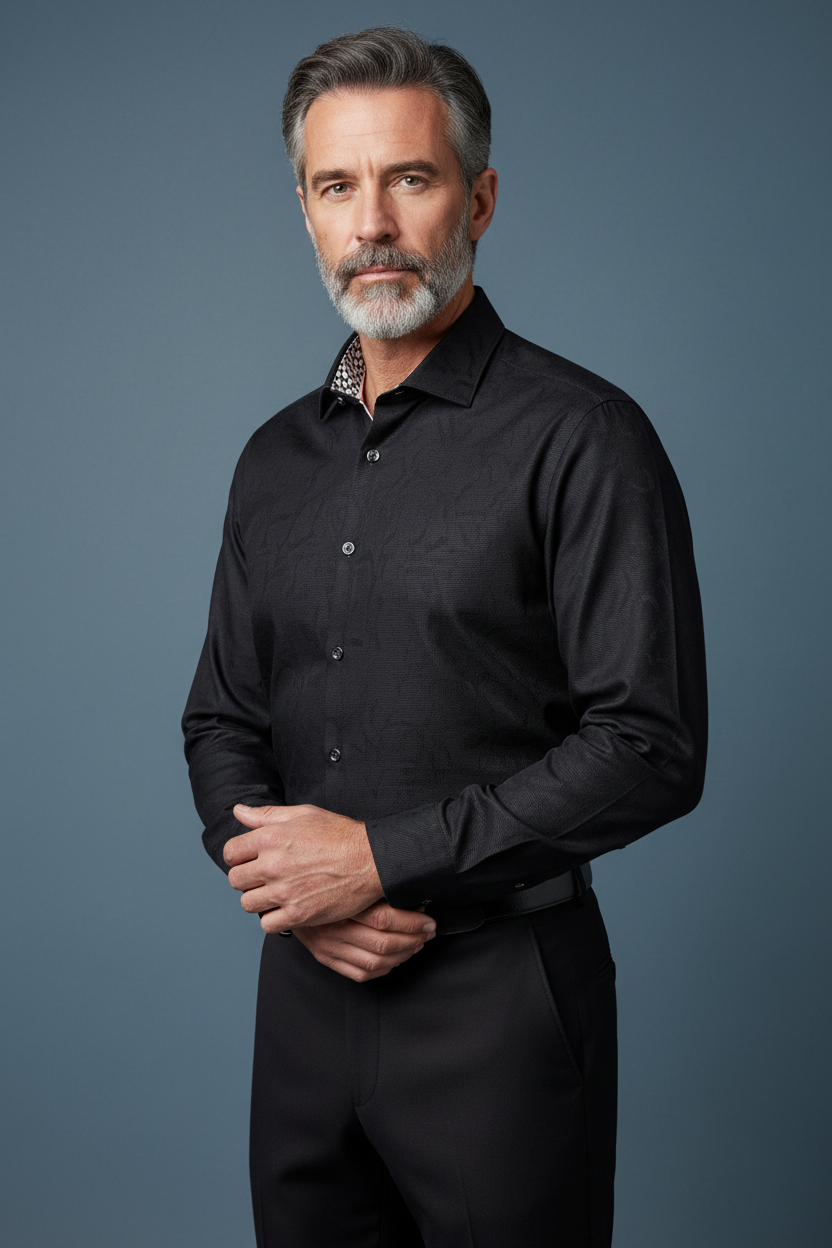 Black textured shirt with black pants three-quarter turn