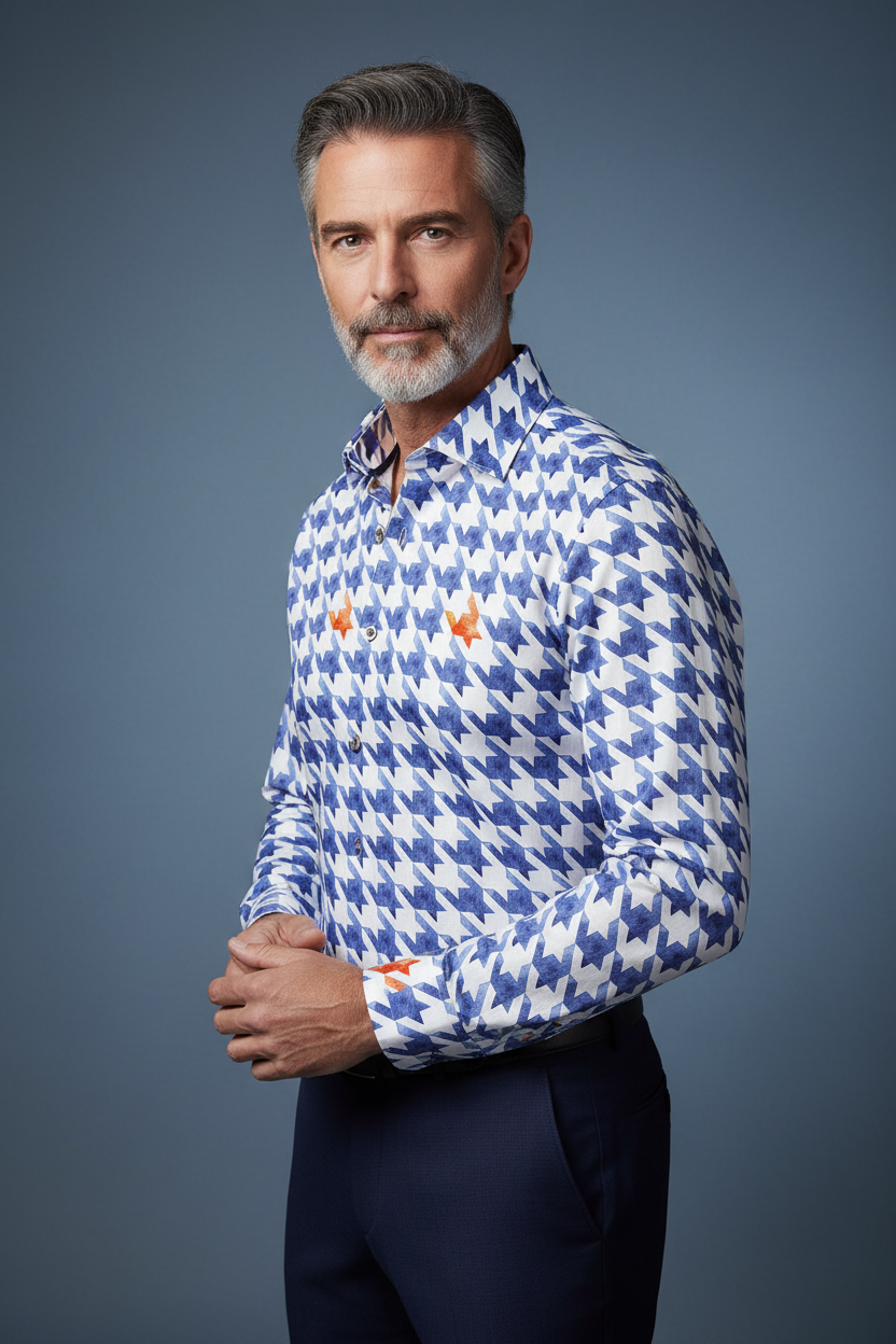 Blue patterned shirt three-quarter turn