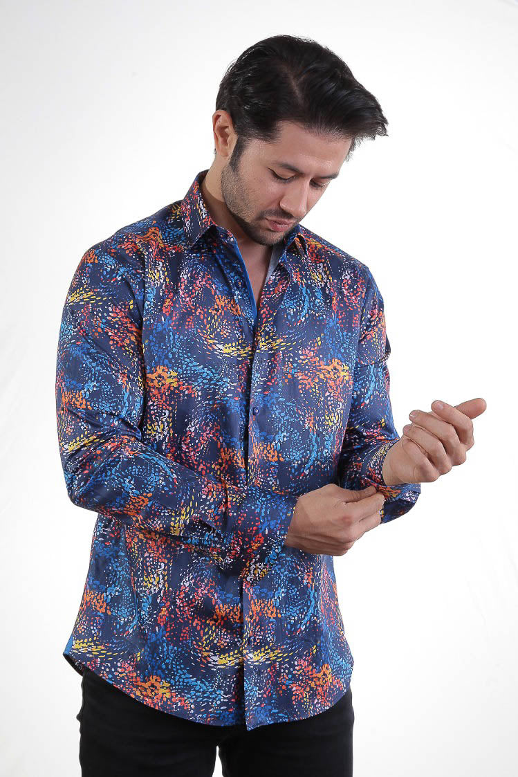 Blue Shirt With Wave Orange Yellow Design