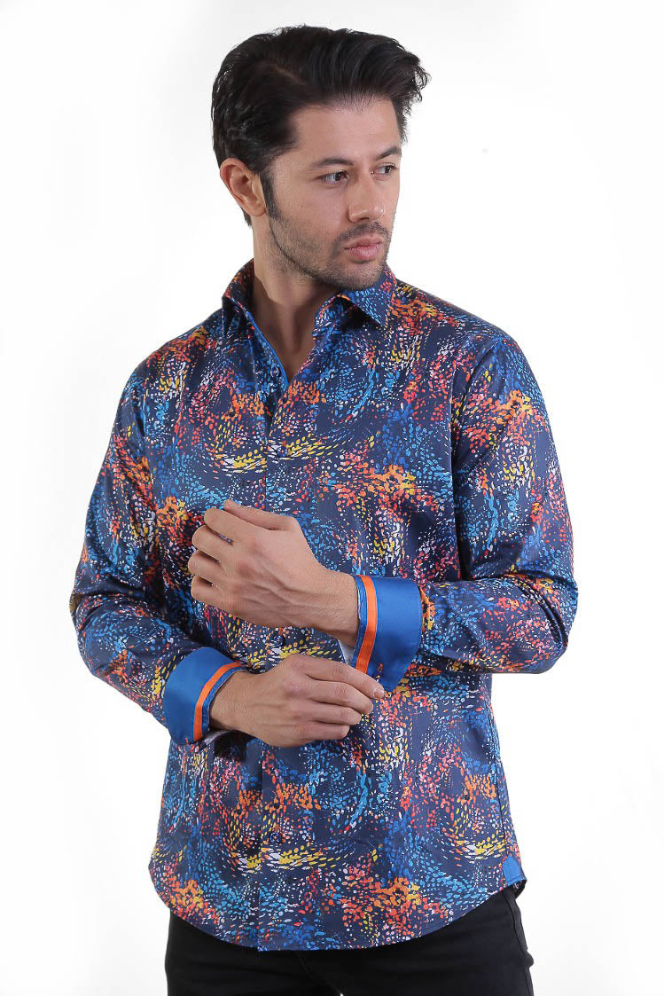 Blue Shirt With Wave Orange Yellow Design