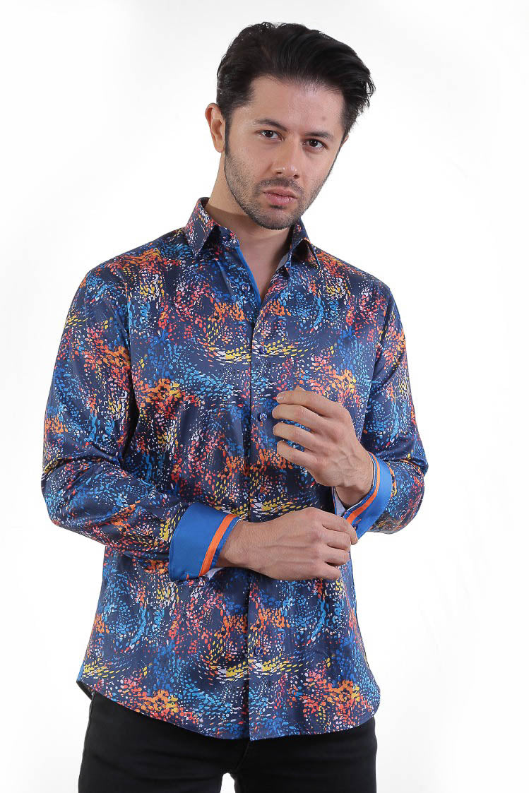 Blue Shirt With Wave Orange Yellow Design