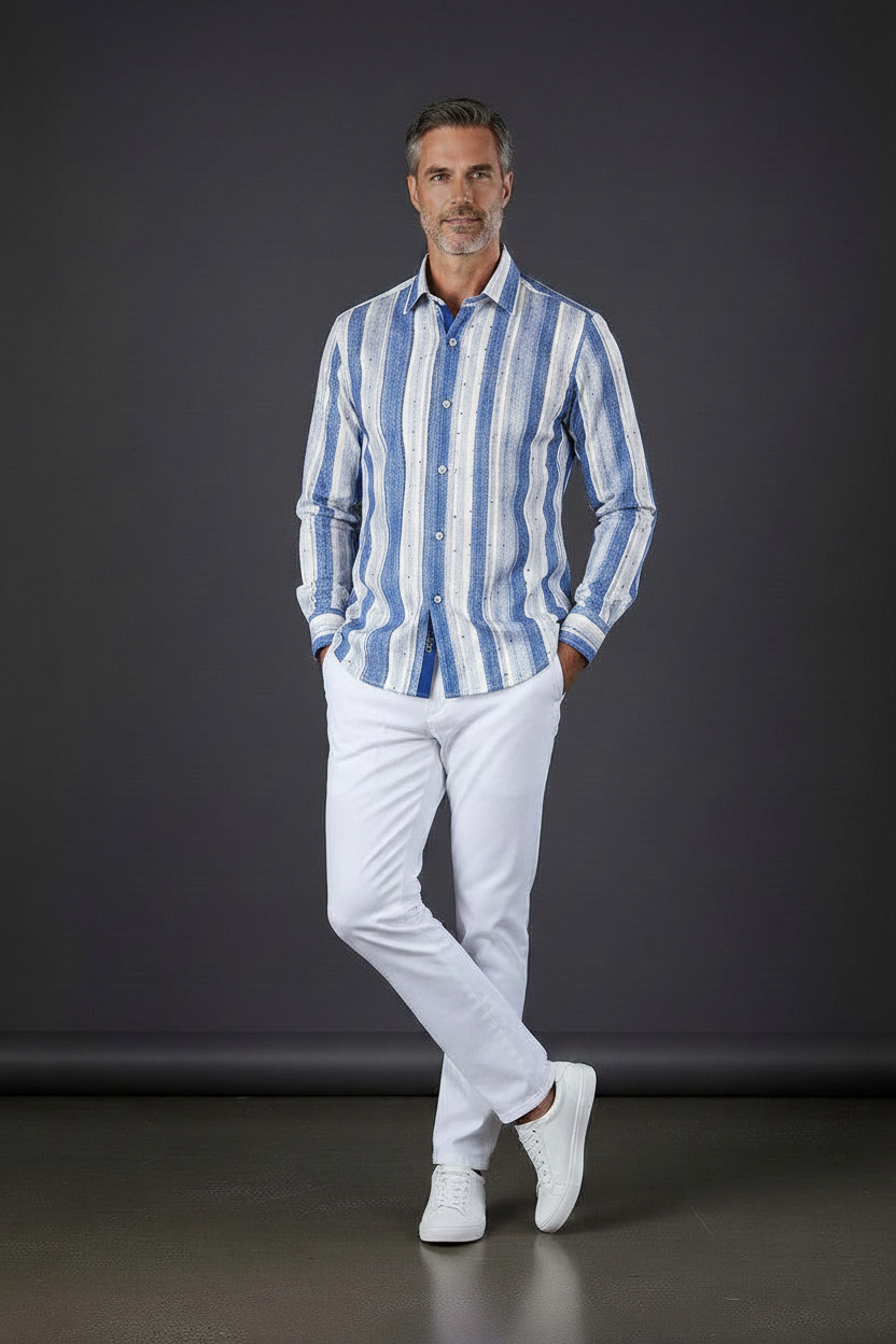 Blue & White Textured Stripe Dress Shirt