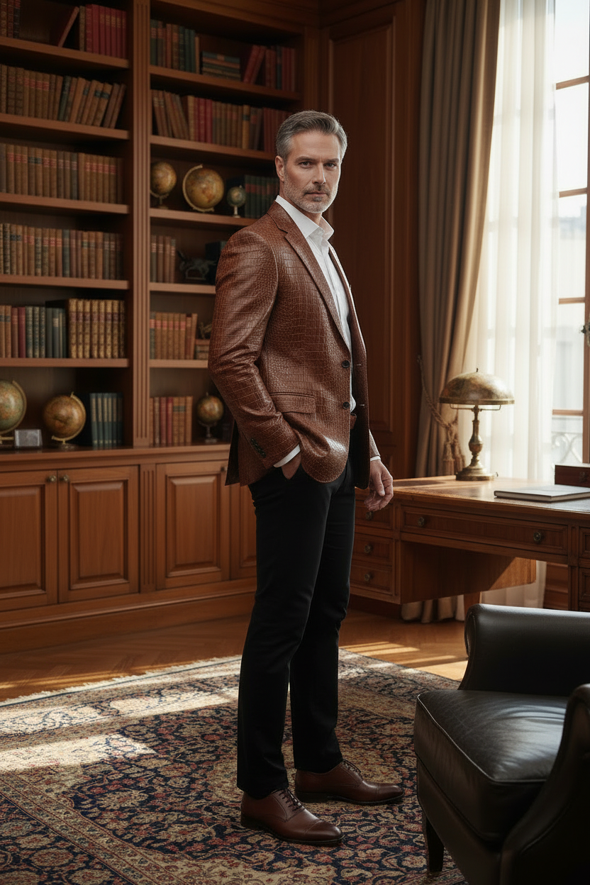 Luxury Crocodile Embossed Blazer - Cognac Brown/black
