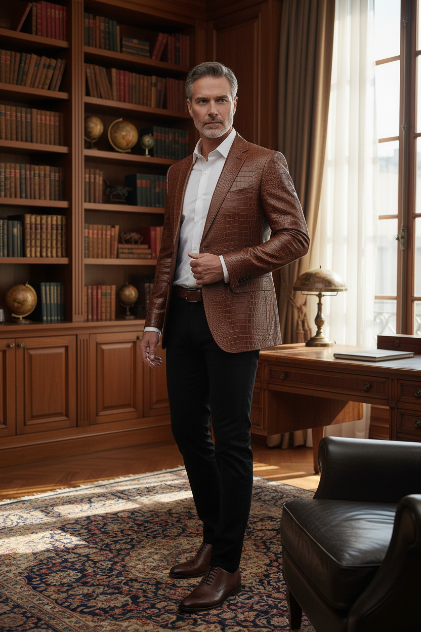 Luxury Crocodile Embossed Blazer - Cognac Brown/black