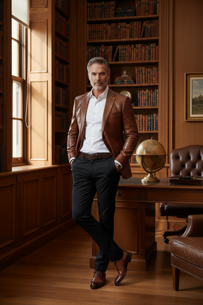 Luxury Crocodile Embossed Blazer - Cognac Brown/black