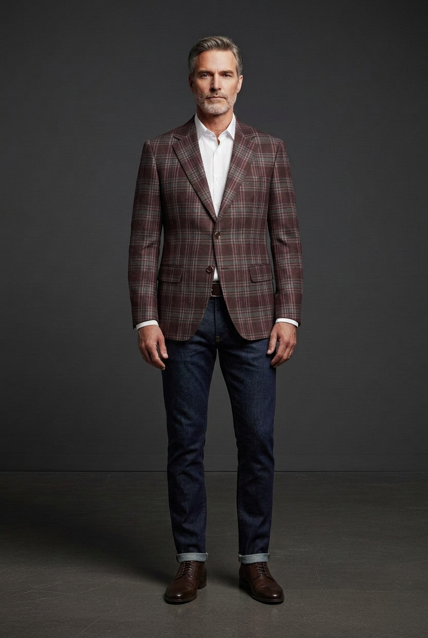 Burgundy plaid jacket on your model