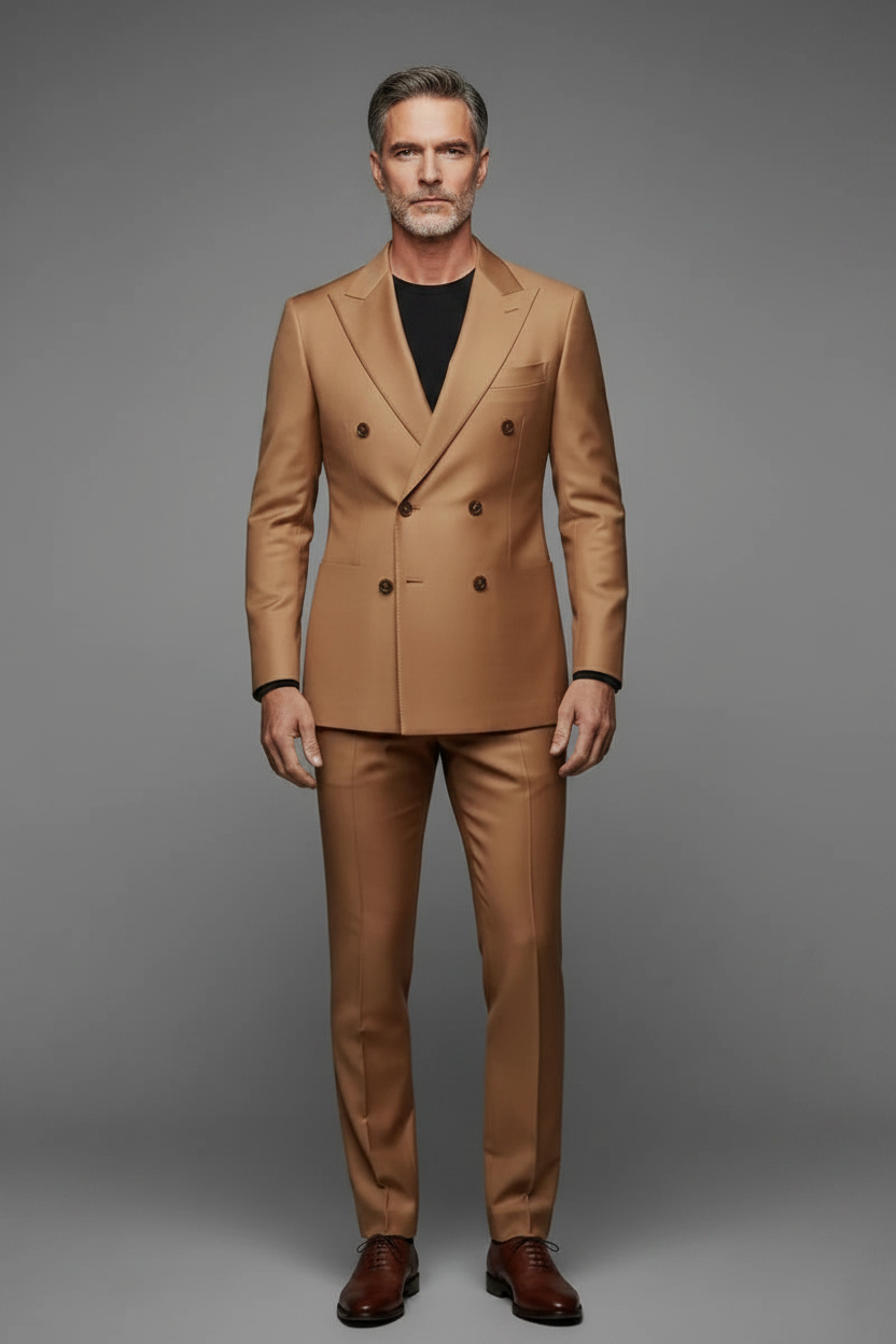 Camel Suit with Dark Brown Buttons and Black T-Shirt