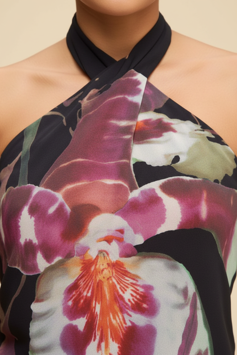 Close-up of halter neckline and print