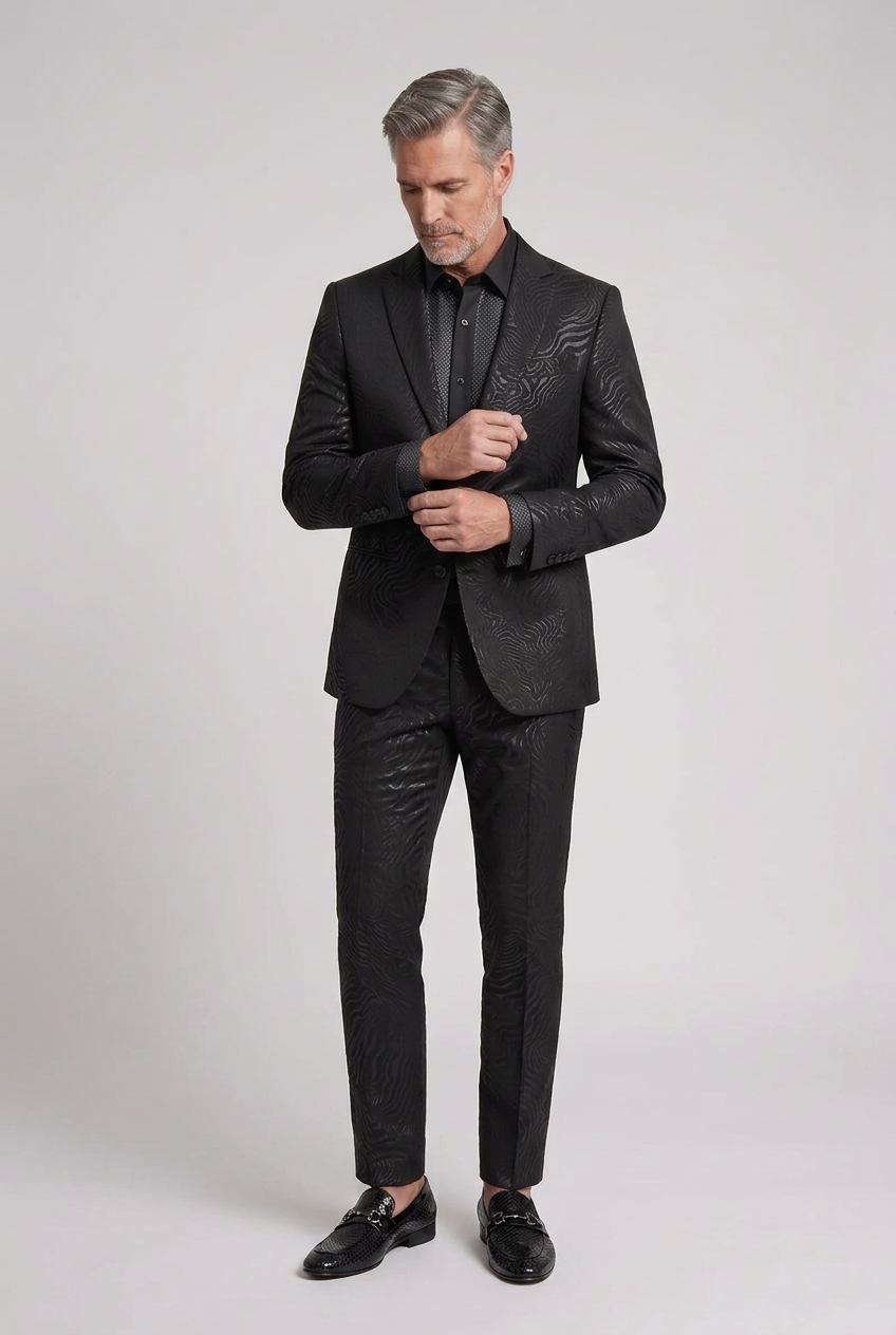 Men’s Black Tonal Wave-Pattern Blazer