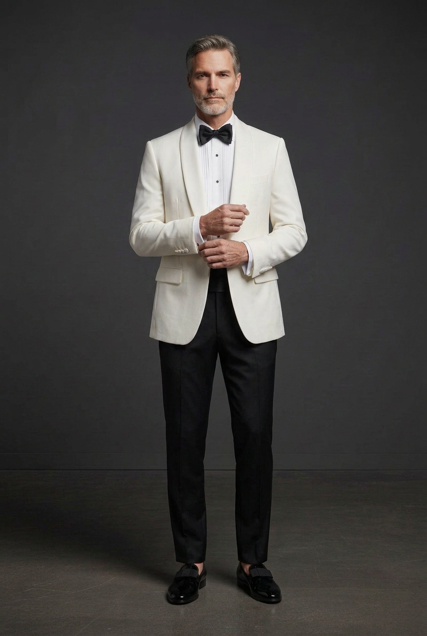 Cuff-adjusting dinner jacket pose