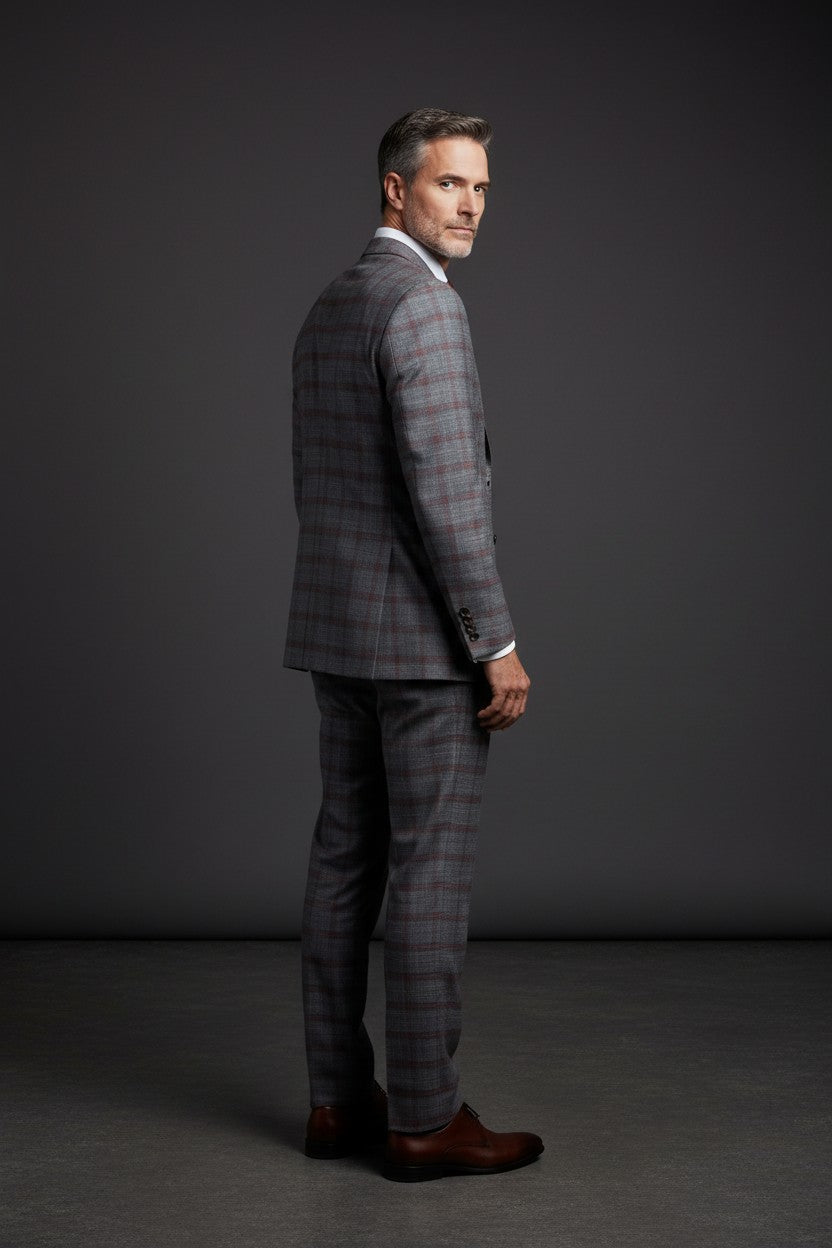 Dark Gray Burgundy Plaid Three-Piece Vested Suit