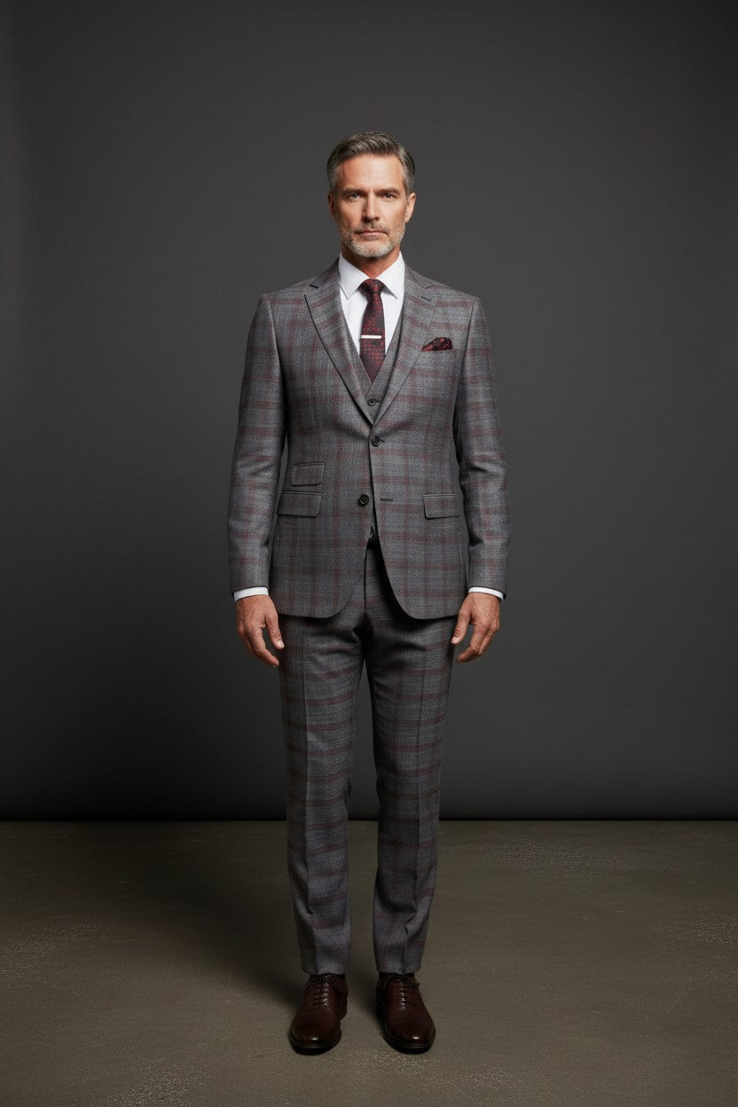Navy Blue Plaid Three-Piece Vested Suit