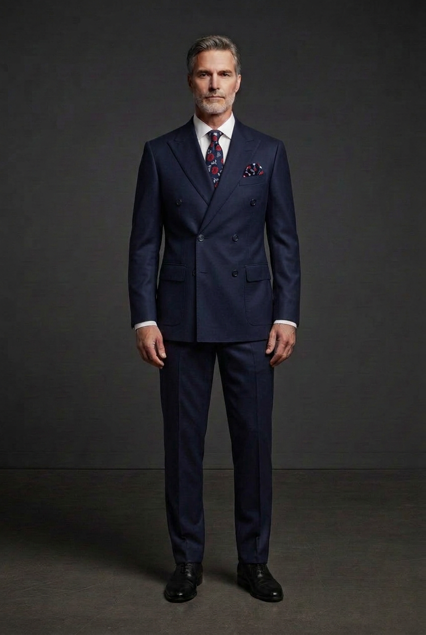 Darker navy suit with floral tie and matching hanky