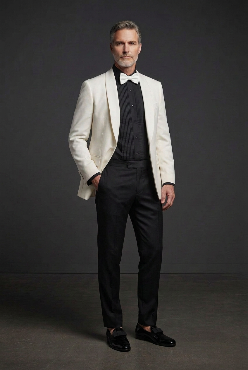 Dinner jacket with black tuxedo shirt and no cummerbund