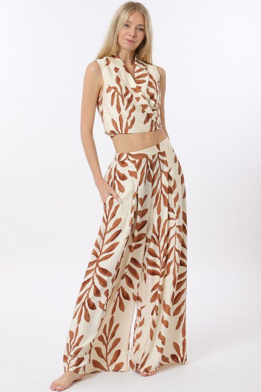 Tropical Leaf Print Co-Ord Set Crop Top Wide Leg Pants