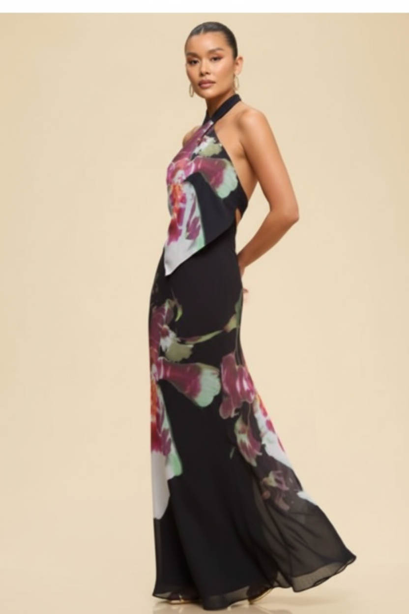 Enhanced Floral Halter Maxi Dress