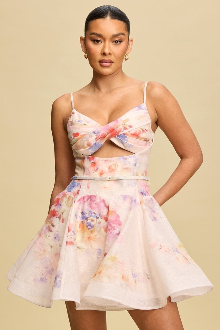 WATERCOLOR FLORAL PRINT FLARE DRESS