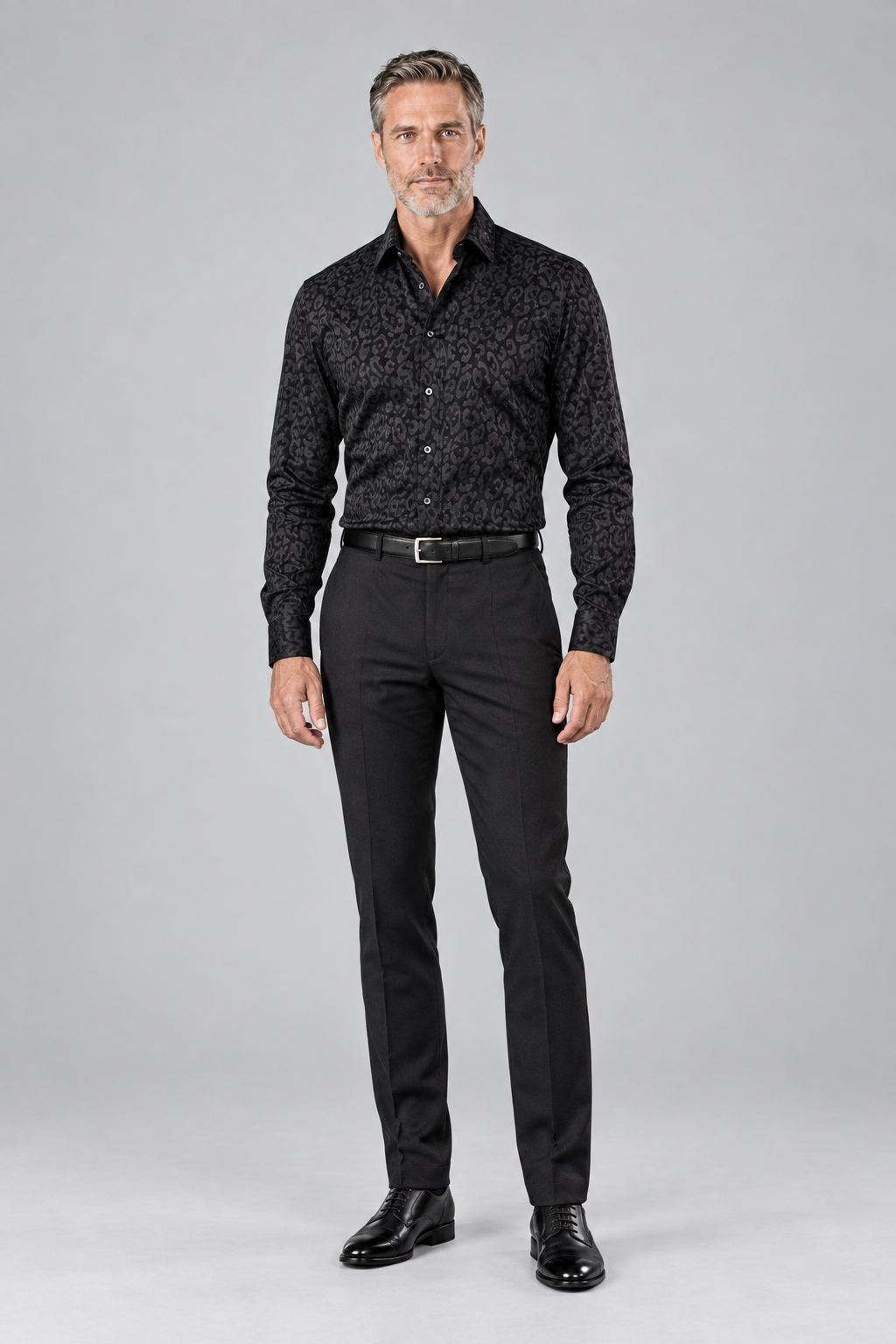 Men’s Black Tonal Print Long-Sleeve Button-Up Shirt