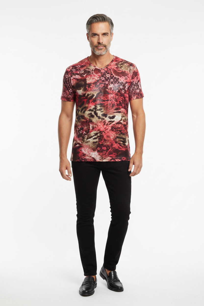 Crimson Lace Tiger Print V-Neck Tee