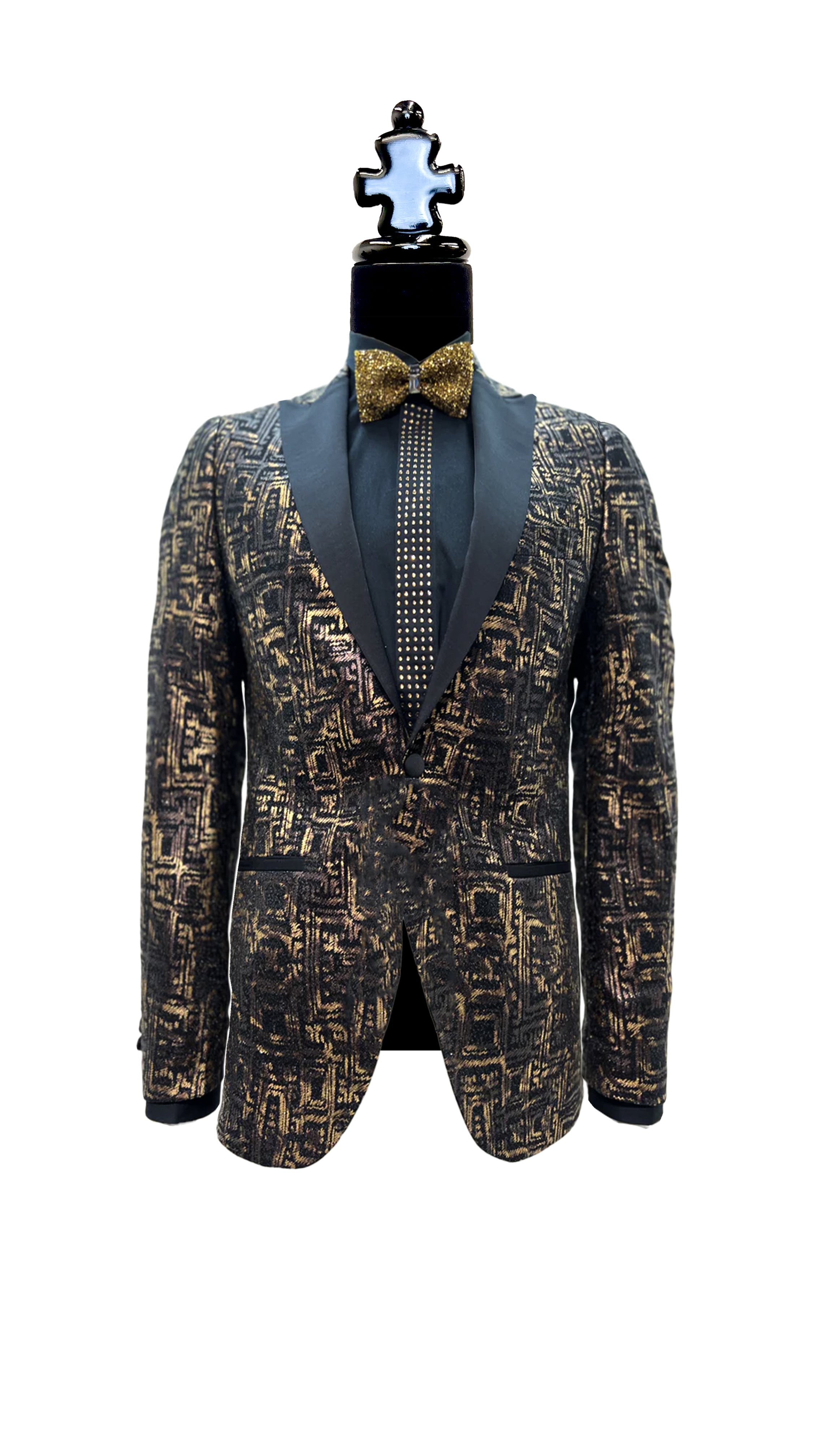 Exquisite Gold Square Pattern Black Tuxedo with Silk Lapel BLAZERS Blazer Collection Vercini